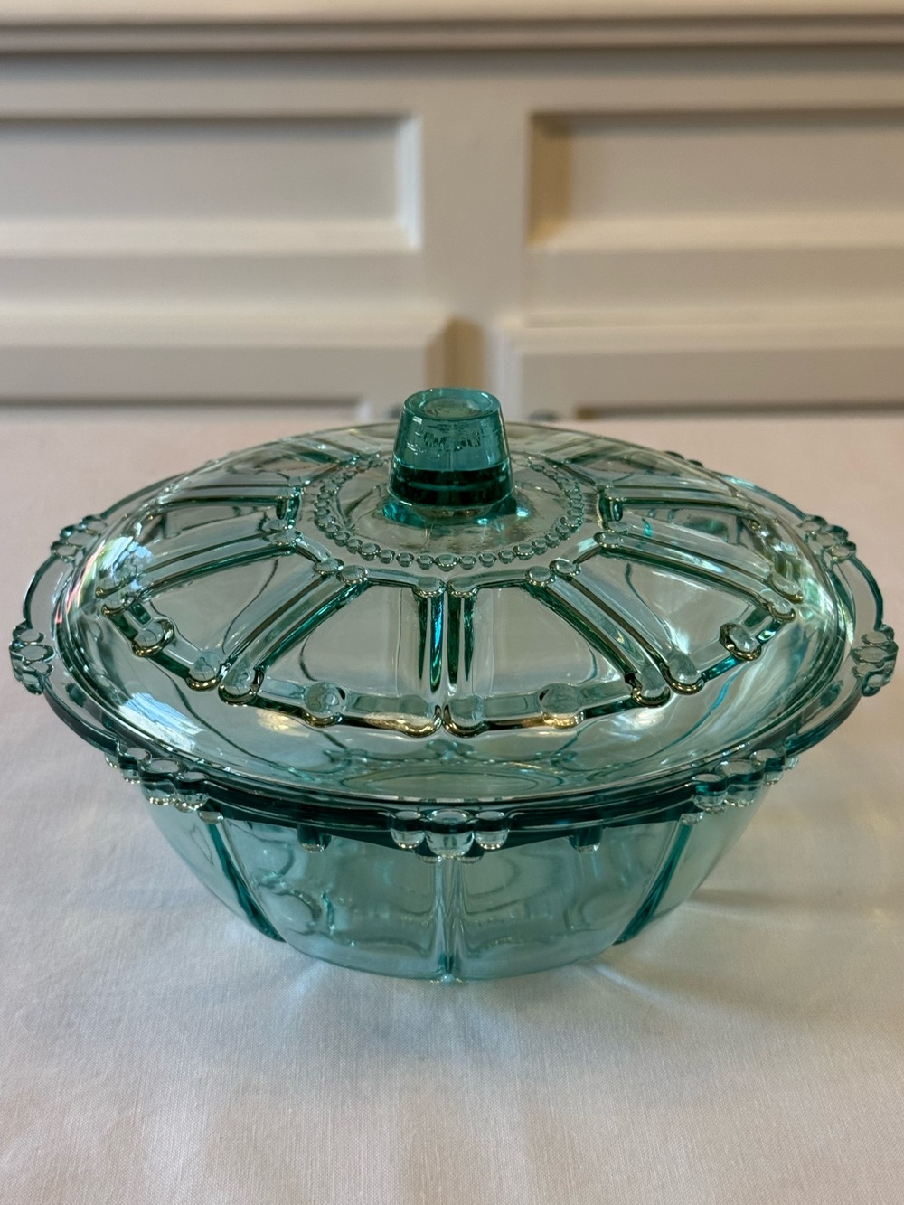 🩵 KIG Indonesia Turquoise Aqua Beaded Candy Dish w Lid Oyster Pearl | Vintage